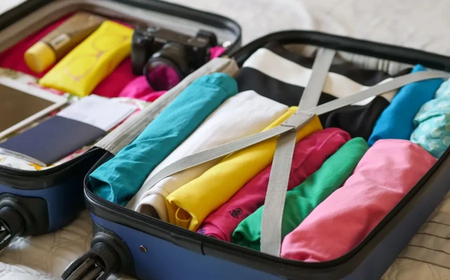 Ilustrasi tips packing liburan singkat dengan baju tergulung rapi dalam koper